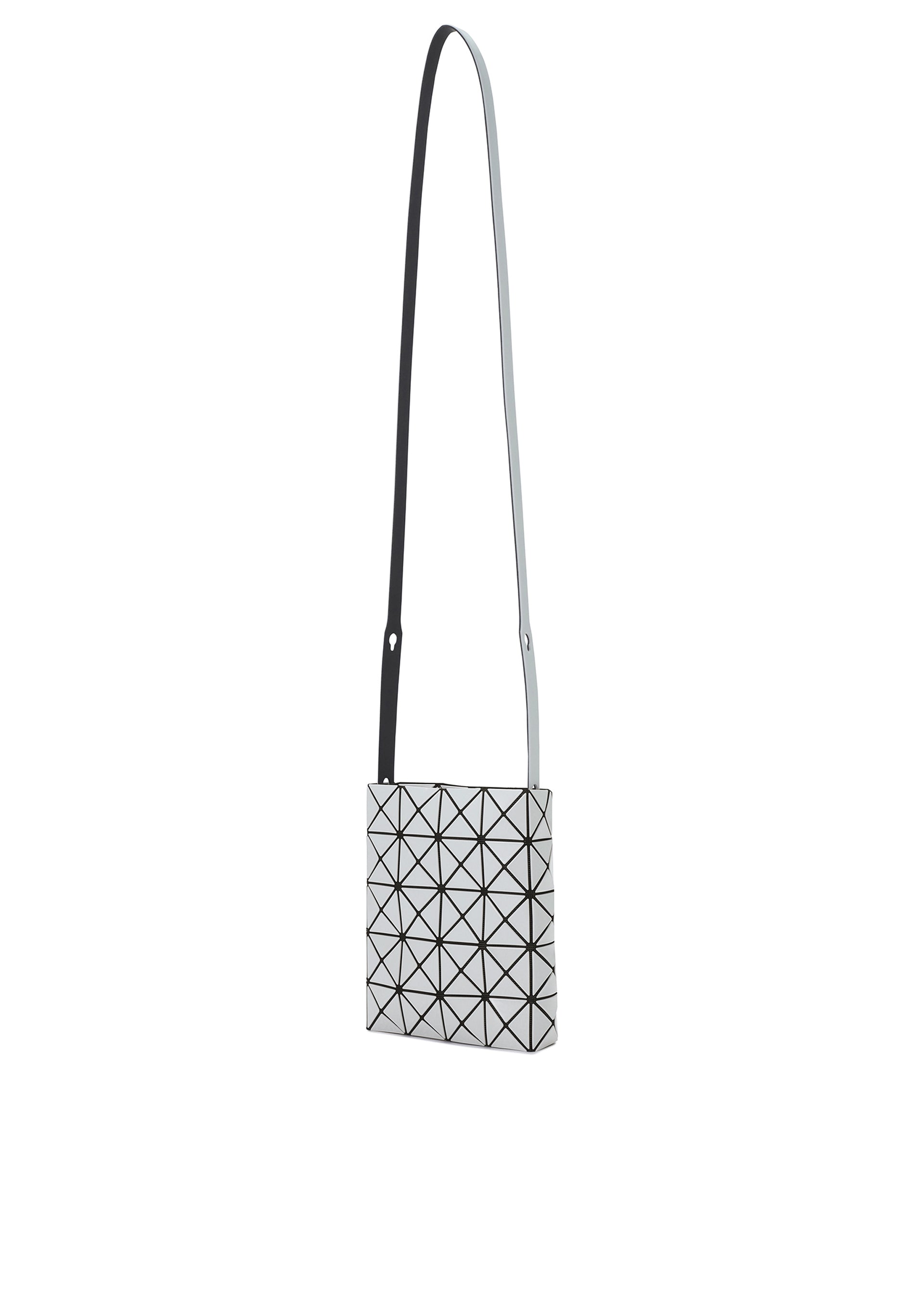 Zoomed view A compact, square crossbody bag from the BAO BAO ISSEY MIYAKE PRISM GLOSS series, crafted in an enamel-like finish with a striking black and white geometric triangular grid pattern. Features a long, thin adjustable strap for versatile styling.