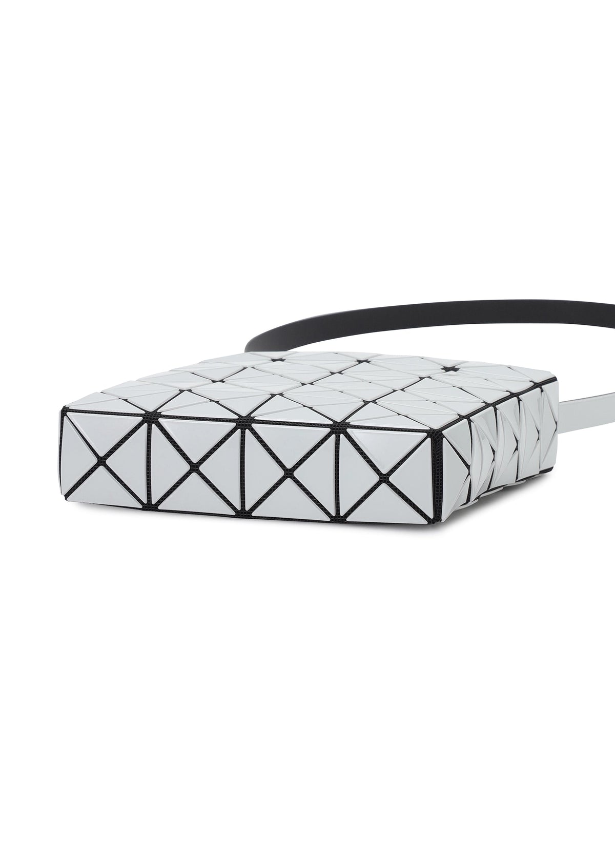 The PRISM GLOSS by BAO BAO ISSEY MIYAKE is a geometric square-shaped shoulder bag from the PRISM series, distinguished by its grid of glossy triangular white panels outlined in black, a sleek black strap, and a strikingly modern, futuristic design. view 6 of 10