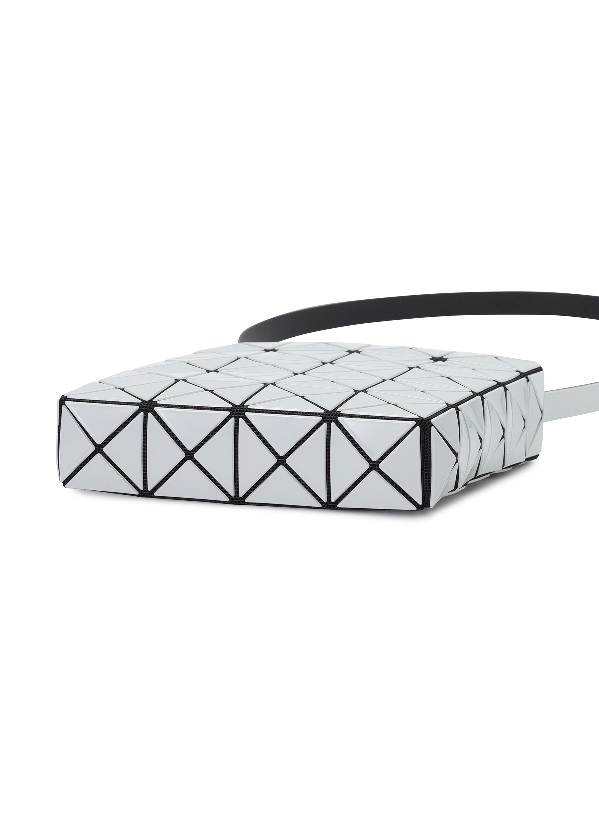 Zoomed view The PRISM GLOSS by BAO BAO ISSEY MIYAKE is a geometric square-shaped shoulder bag from the PRISM series, distinguished by its grid of glossy triangular white panels outlined in black, a sleek black strap, and a strikingly modern, futuristic design.