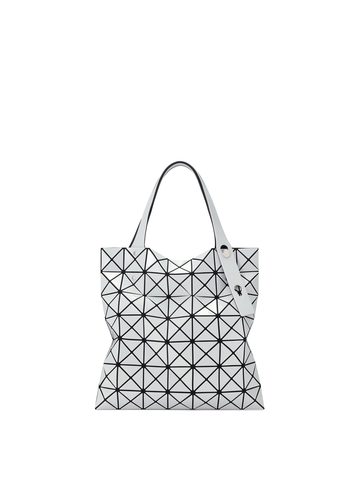 The PRISM GLOSS tote bag by BAO BAO ISSEY MIYAKE features a white, enamel-like finish with black triangle outlines, two handles, and a modern geometric design. view 1 of 10
