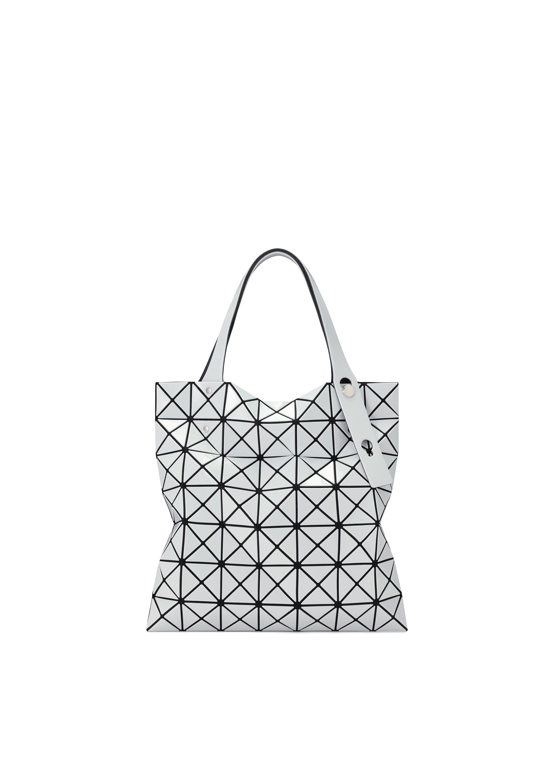 Zoomed view The PRISM GLOSS tote bag by BAO BAO ISSEY MIYAKE features a white, enamel-like finish with black triangle outlines, two handles, and a modern geometric design. - MISTY GRAY （no.07）