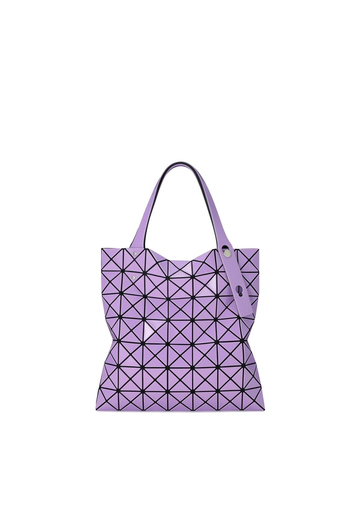 A purple PRISM GLOSS tote bag by BAO BAO ISSEY MIYAKE, crafted with an enamel-like finish and black triangular grid lines, featuring two handles and a contemporary, flexible design. view 3 of 10