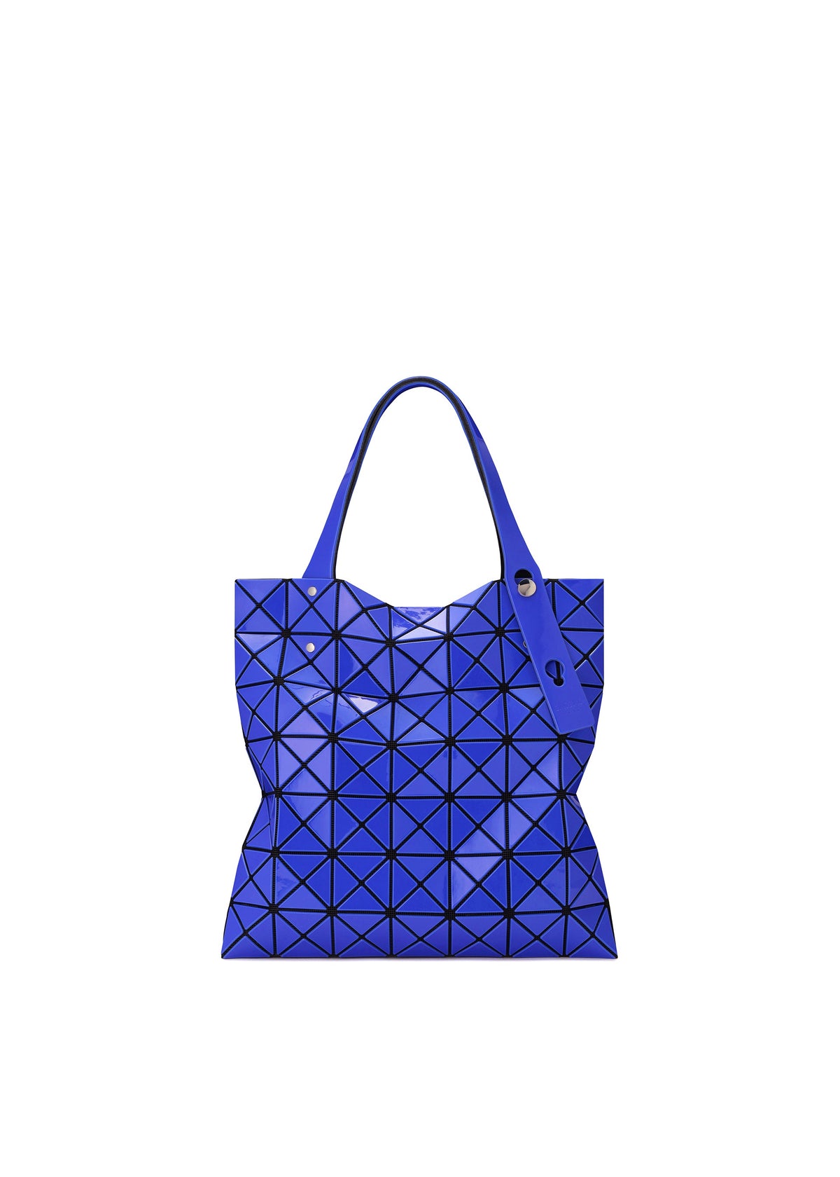 A blue PRISM GLOSS tote bag by BAO BAO ISSEY MIYAKE, made from an enamel-like material with black geometric triangles, features a flexible structure and two handles, shown against a white background. view 4 of 10