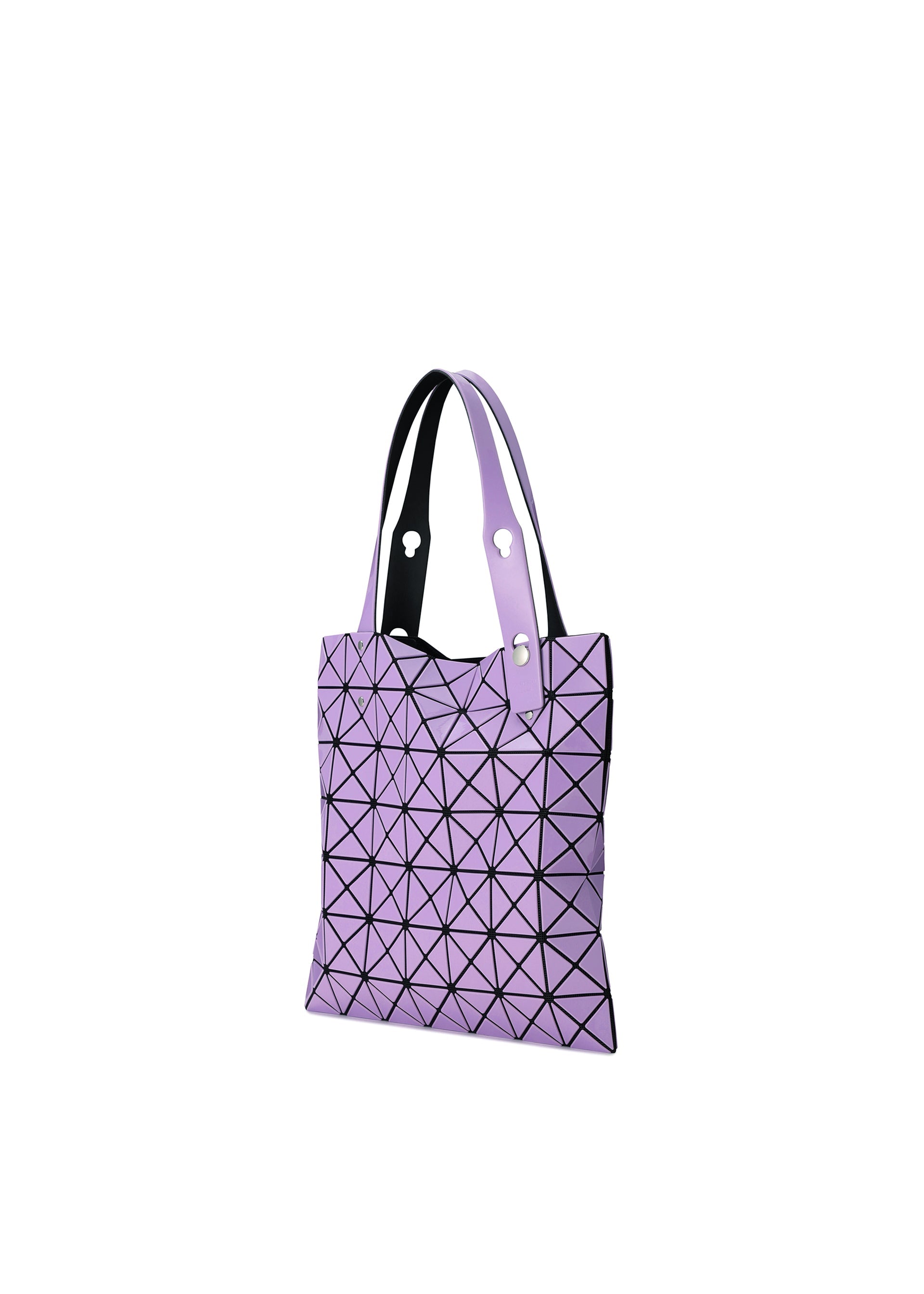 Zoomed view The PRISM GLOSS tote bag by BAO BAO ISSEY MIYAKE showcases a lavender geometric design in an enamel-like finish, accented with black outlines and double handles—one in lavender, one in black—set against a crisp white backdrop for a modern, angular look.