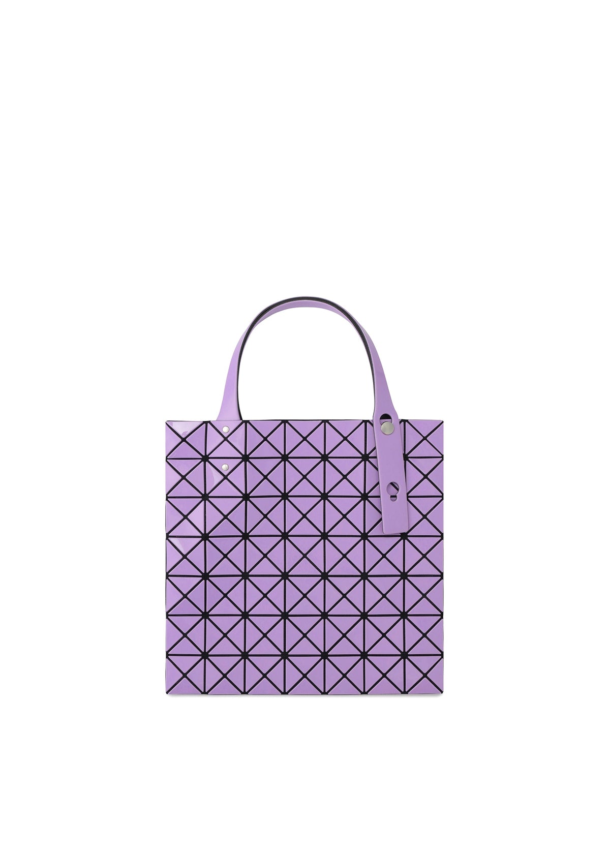 A purple geometric tote bag from the PRISM series, crafted from an enamel-like material, with a grid of black-lined triangles and two handles featuring button details, displayed on a white background. view 6 of 10