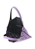 A purple PRISM GLOSS tote bag from BAO BAO ISSEY MIYAKE, crafted with gloss-finish triangular panels in an enamel-like material, features a black mesh interior with a visible zip pocket and is shown open with its handles upright.