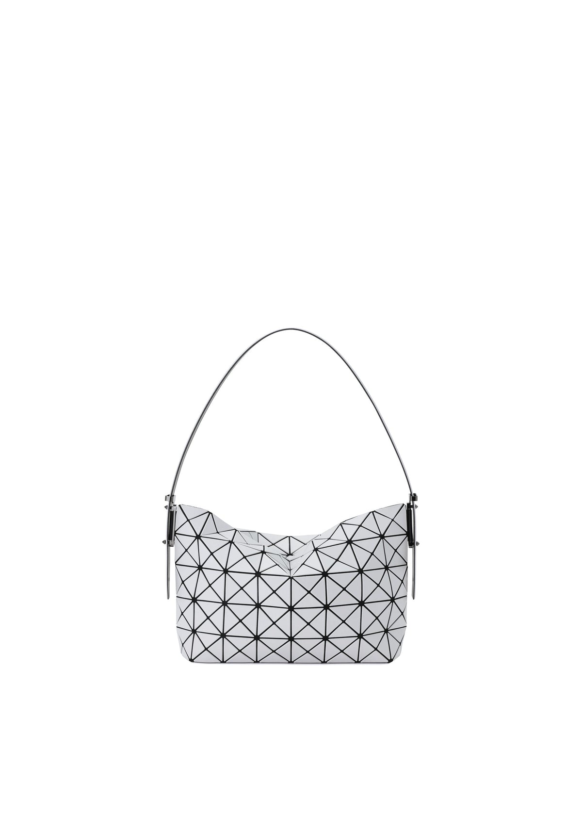 The MUSETTE by BAO BAO ISSEY MIYAKE is a white geometric mini bag featuring a triangular pattern and a single shoulder strap, crafted from a leather-like material and showcased against a plain white background. view 1 of 7