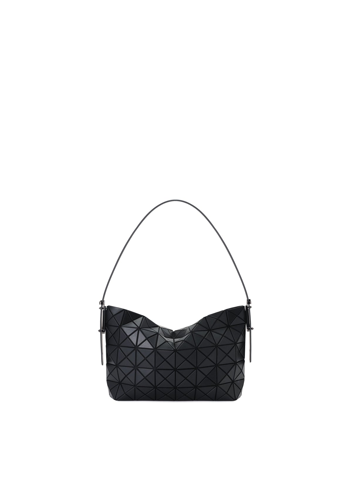 The MUSETTE mini bag by BAO BAO ISSEY MIYAKE features a black geometric triangular pattern, a short curved strap, and a modern, structured design crafted from leather-like material. It is displayed against a white background. view 2 of 7