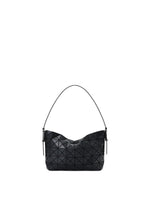 The MUSETTE mini bag by BAO BAO ISSEY MIYAKE features a black geometric triangular pattern, a short curved strap, and a modern, structured design crafted from leather-like material. It is displayed against a white background. - MATTE BLACK （no.16）