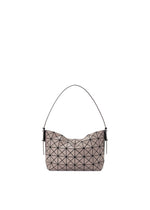 The MUSETTE handbag by BAO BAO ISSEY MIYAKE features a geometric, taupe-colored design crafted from leather-like material with distinctive black triangular patterns and a single shoulder strap, showcased against a white background. - LIGHT BROWN （no.43）