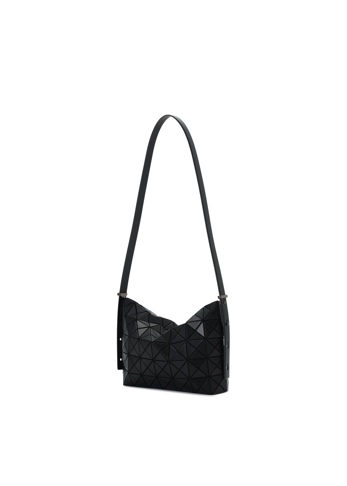 The MUSETTE by BAO BAO ISSEY MIYAKE is a black mini bag featuring a geometric, triangular pattern on its leather-like surface, designed with a long strap and photographed against a white background. view 4 of 7