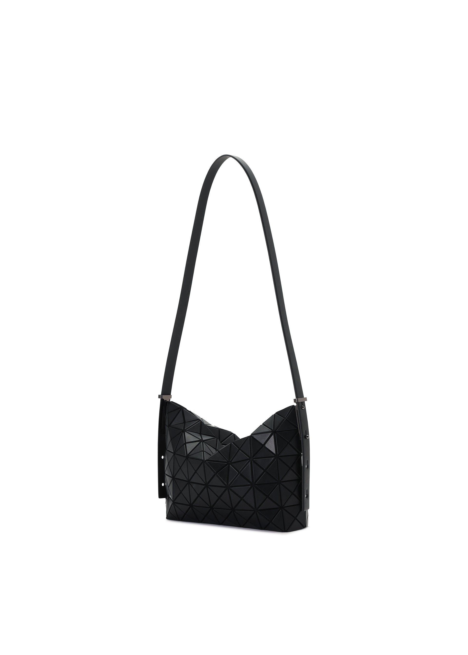 Zoomed view The MUSETTE by BAO BAO ISSEY MIYAKE is a black mini bag featuring a geometric, triangular pattern on its leather-like surface, designed with a long strap and photographed against a white background.