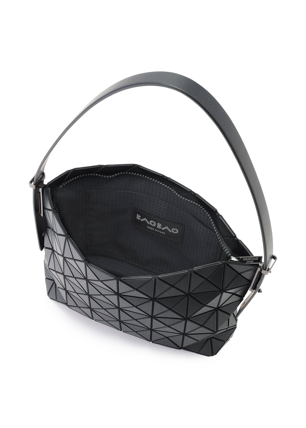 The MUSETTE handbag by BAO BAO ISSEY MIYAKE features a black geometric pattern, crafted from a leather-like material. It has an open top that reveals a spacious interior and includes a single sturdy handle. The inner label displays the brand name, BAO BAO ISSEY MIYAKE. view 6 of 7