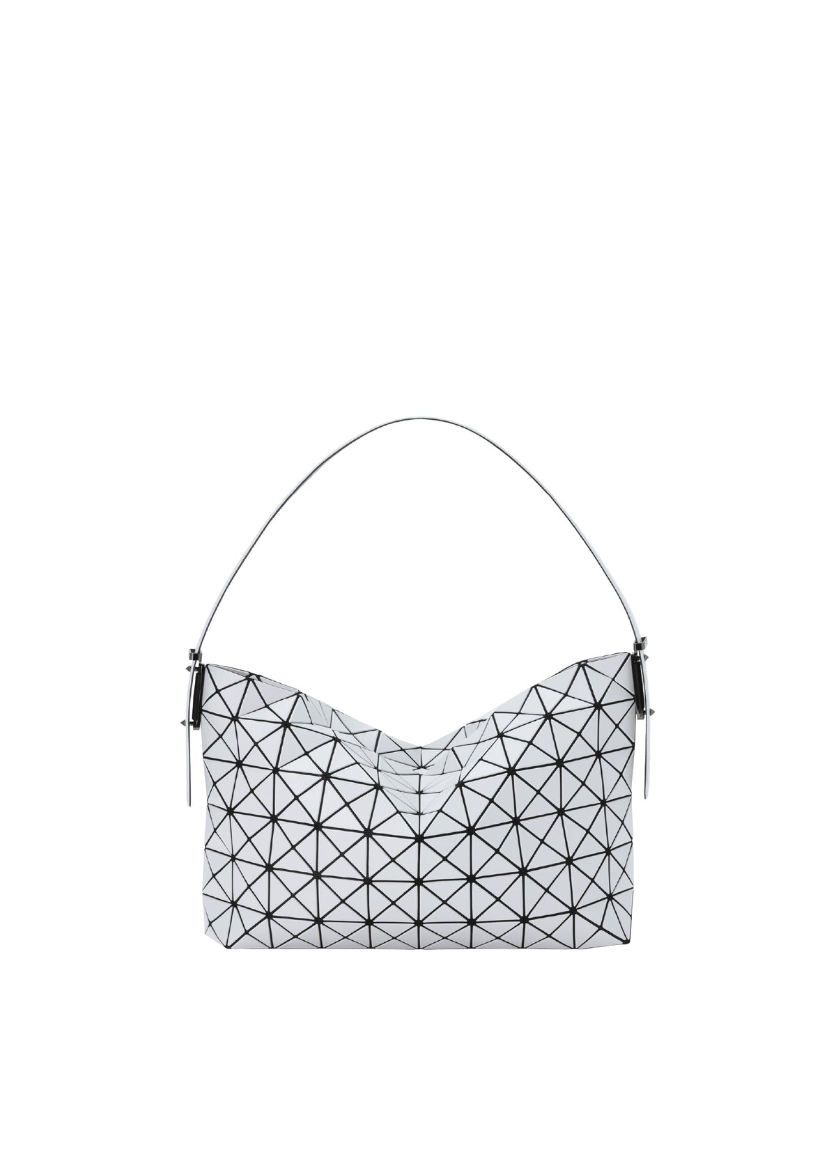 The BAO BAO ISSEY MIYAKE MUSETTE is a white geometric handbag featuring a leather-like finish with a signature triangular grid pattern, silver hardware, and a single strap for versatile carrying, shown against a plain white background. view 1 of 7