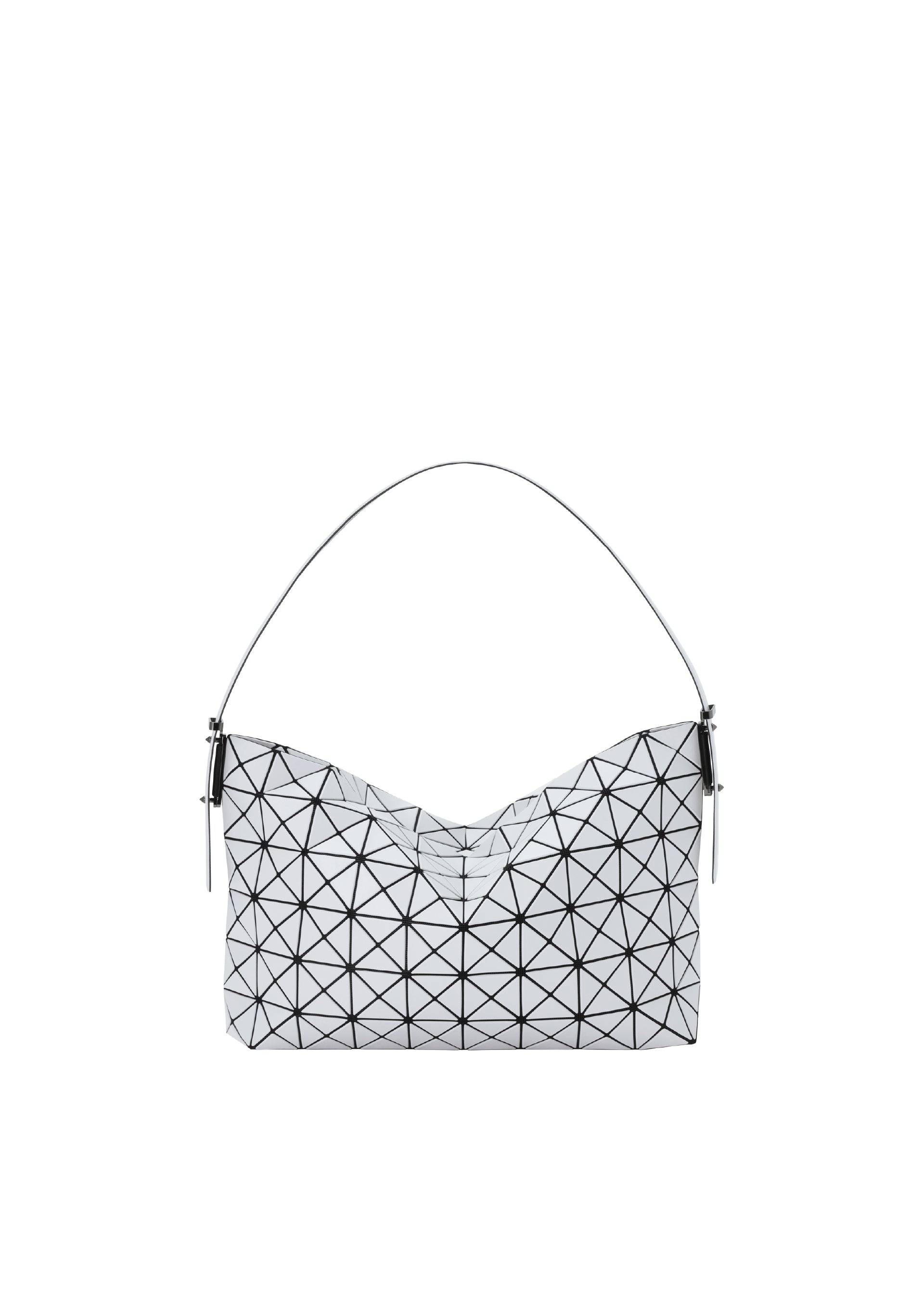 Zoomed view The BAO BAO ISSEY MIYAKE MUSETTE is a white geometric handbag featuring a leather-like finish with a signature triangular grid pattern, silver hardware, and a single strap for versatile carrying, shown against a plain white background. - LIGHT GRAY （no.11）