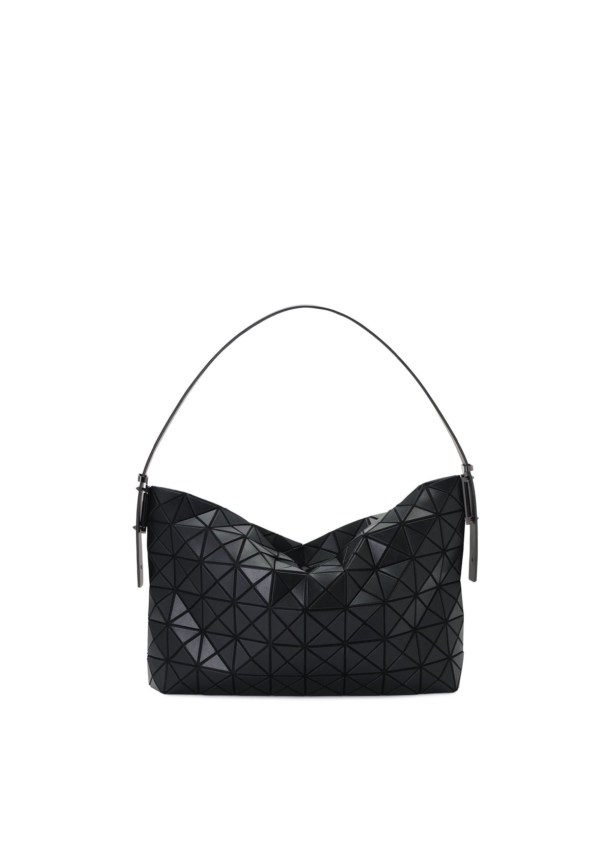 The MUSETTE by BAO BAO ISSEY MIYAKE is a black handbag with a geometric triangular pattern, crafted from a leather-like material. It features a single shoulder strap and boasts a soft, flexible structure that provides ample storage. view 2 of 7