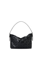 The MUSETTE by BAO BAO ISSEY MIYAKE is a black handbag with a geometric triangular pattern, crafted from a leather-like material. It features a single shoulder strap and boasts a soft, flexible structure that provides ample storage. - MATTE BLACK （no.16）