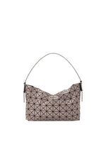 The MUSETTE cross-body bag by BAO BAO ISSEY MIYAKE features a geometric grid of black triangles on a taupe, leather-like material, with a single strap and is displayed on a plain white background. - LIGHT BROWN （no.43）