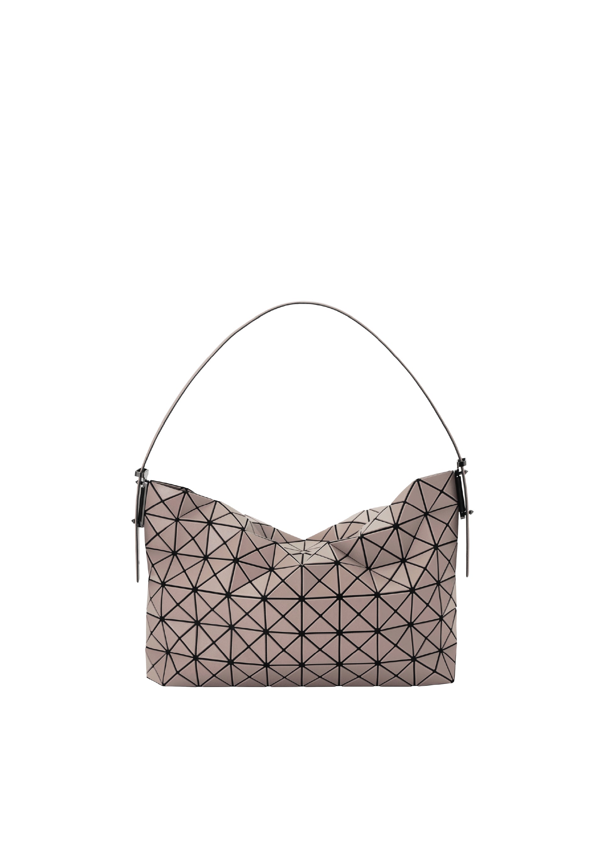 Zoomed view The MUSETTE cross-body bag by BAO BAO ISSEY MIYAKE features a geometric grid of black triangles on a taupe, leather-like material, with a single strap and is displayed on a plain white background. - LIGHT BROWN （no.43）