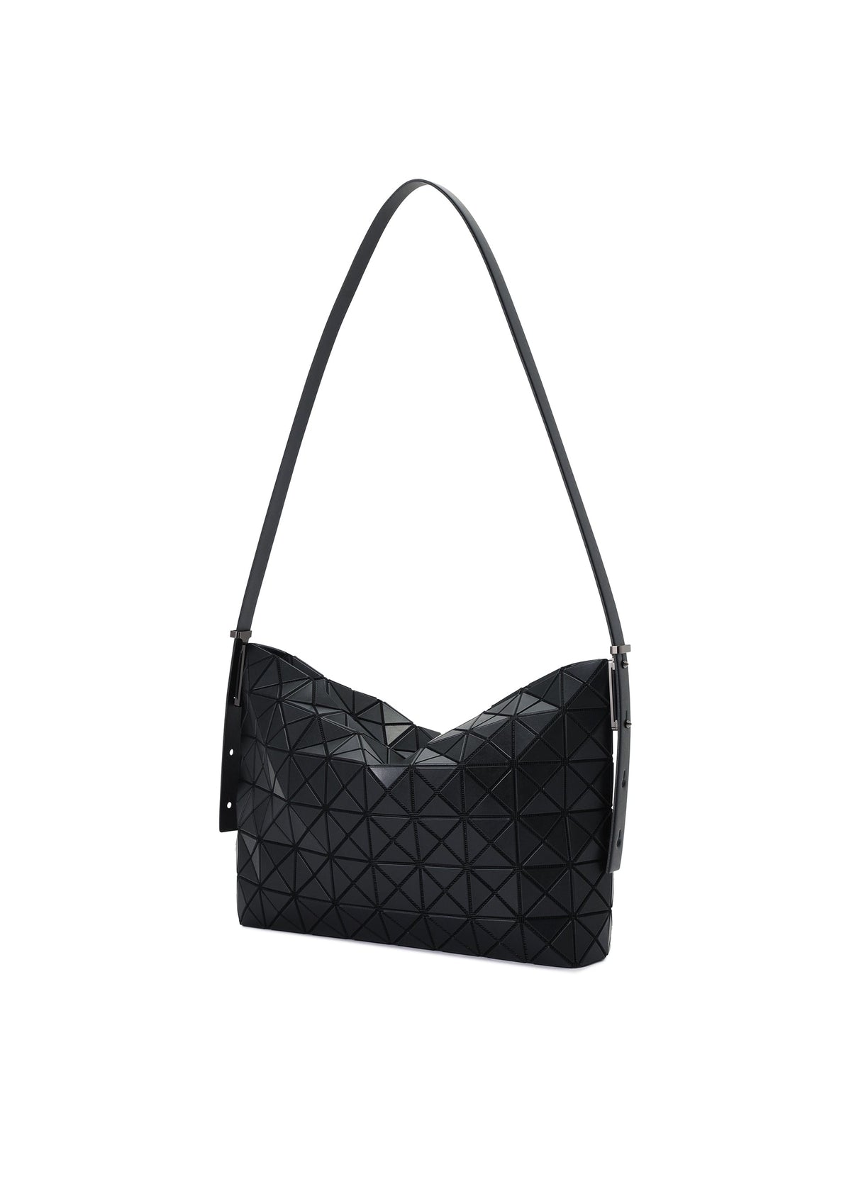The MUSETTE by BAO BAO ISSEY MIYAKE is a black cross-body bag featuring a modern, angular geometric pattern with a textured, triangular tile design. Crafted from leather-like material, it has a slightly slouched silhouette and comes with a long adjustable strap—combining contemporary style with practical storage. view 4 of 7
