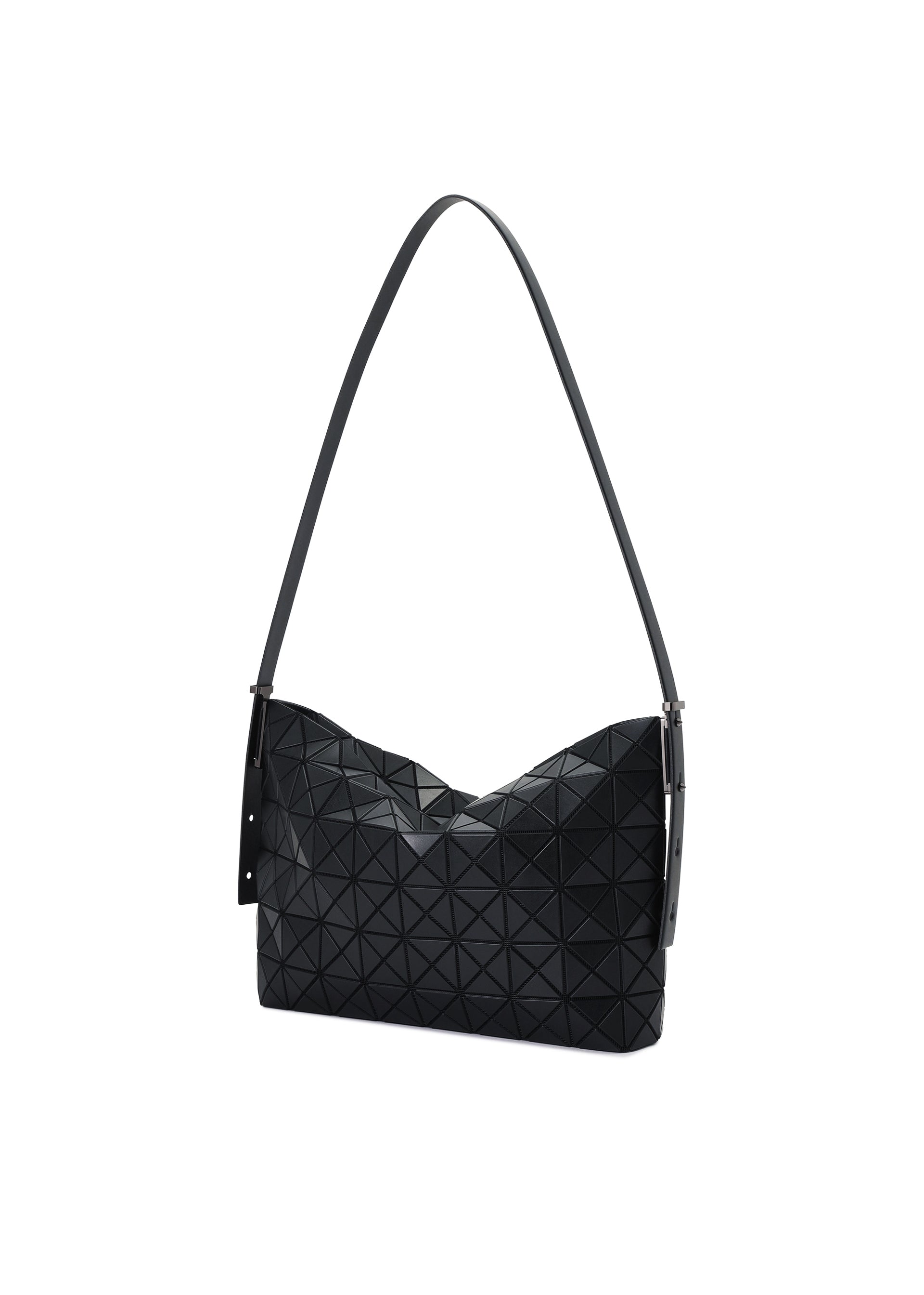 Zoomed view The MUSETTE by BAO BAO ISSEY MIYAKE is a black cross-body bag featuring a modern, angular geometric pattern with a textured, triangular tile design. Crafted from leather-like material, it has a slightly slouched silhouette and comes with a long adjustable strap—combining contemporary style with practical storage.