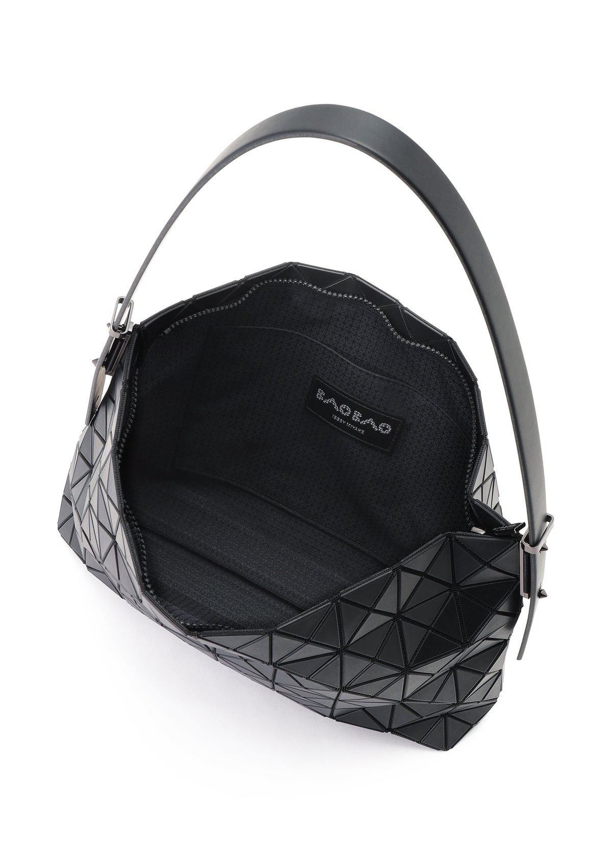 The MUSETTE by BAO BAO ISSEY MIYAKE is a black geometric-patterned handbag crafted from durable leather-like material, featuring a single handle and an open design that reveals its spacious, empty interior along with a visible brand label inside. This elegant piece perfectly blends fashion and functionality, making it ideal for storage and everyday style. view 6 of 7
