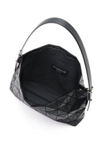 The MUSETTE by BAO BAO ISSEY MIYAKE is a black geometric-patterned handbag crafted from durable leather-like material, featuring a single handle and an open design that reveals its spacious, empty interior along with a visible brand label inside. This elegant piece perfectly blends fashion and functionality, making it ideal for storage and everyday style.