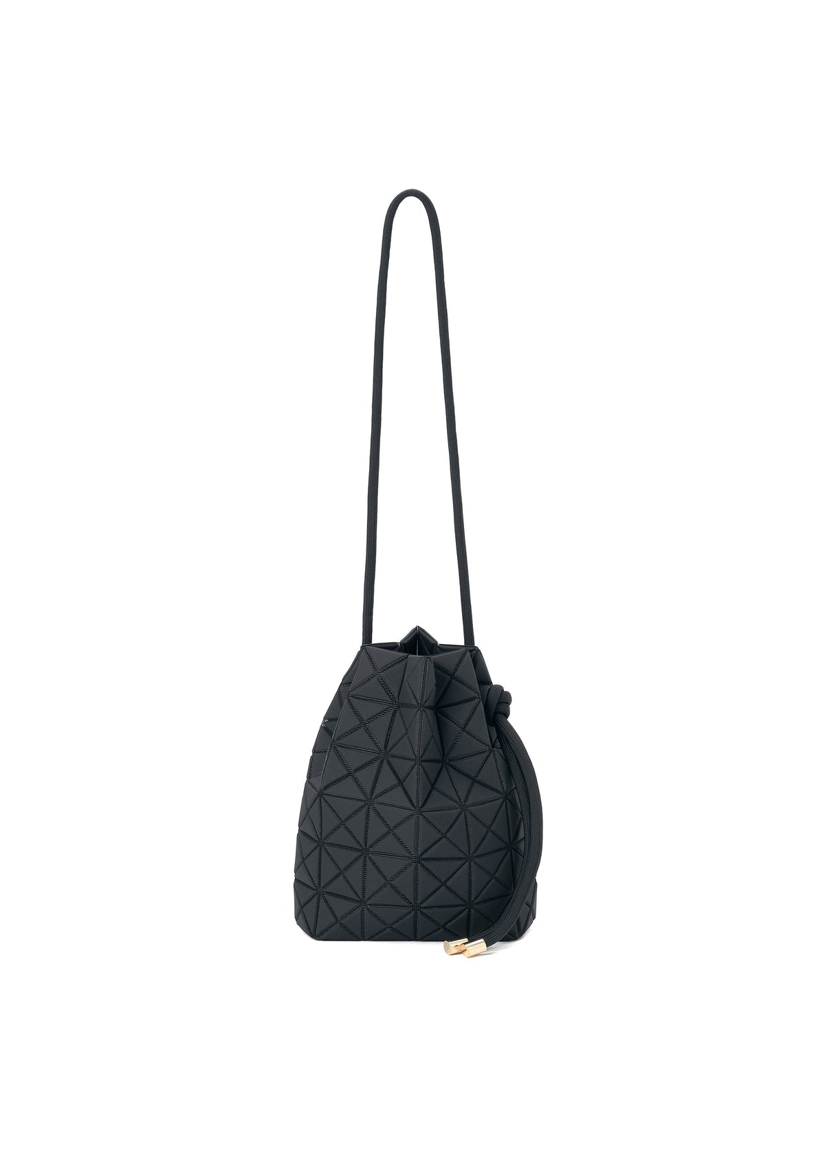 The WRING CLAY by BAO BAO ISSEY MIYAKE is a black bucket bag featuring a geometric pattern, a long shoulder strap, and gold-tone accents. Crafted from nubuck-like material, it is showcased against a plain white background. view 1 of 9