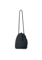 The WRING CLAY by BAO BAO ISSEY MIYAKE is a black bucket bag featuring a geometric pattern, a long shoulder strap, and gold-tone accents. Crafted from nubuck-like material, it is showcased against a plain white background. - BLACK （no.15）