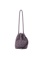 The WRING CLAY by BAO BAO ISSEY MIYAKE is a geometric-patterned bucket bag in dark gray nubuck-like material, featuring a long single strap and drawstring closure, displayed upright on a white background. - BROWN （no.44）