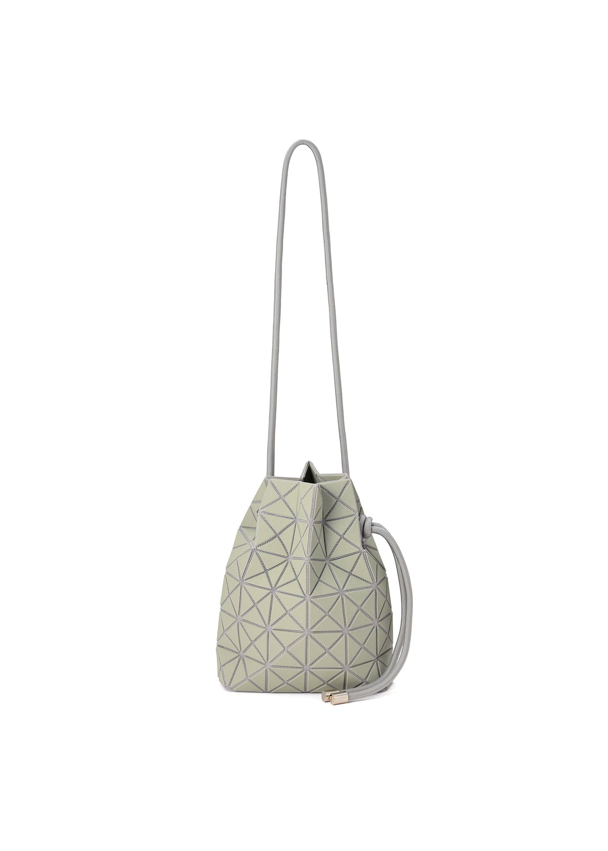 The WRING CLAY by BAO BAO ISSEY MIYAKE is displayed against a white background, featuring a light gray geometric pattern and a long, slender strap with a drawstring closure. This stylish shoulder bag boasts a nubuck-like texture, bringing a modern flair to the classic drawstring bag design. view 3 of 9