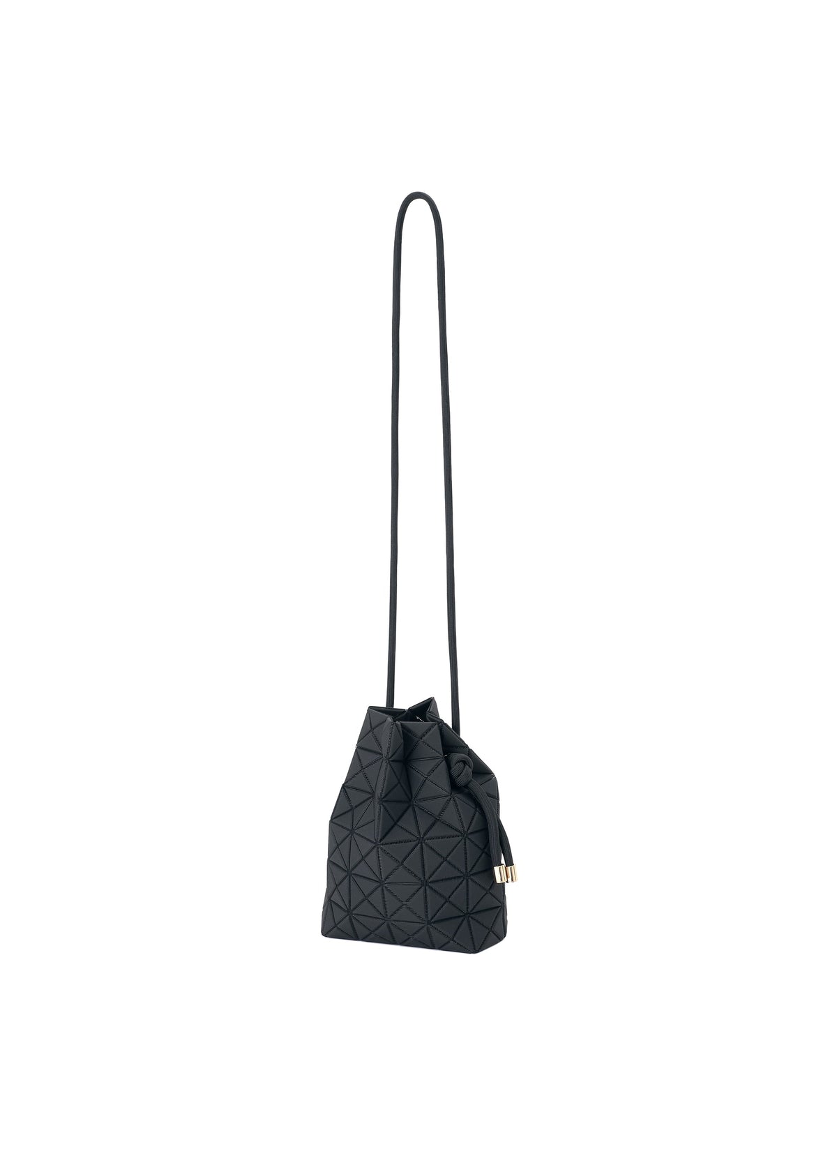 The WRING CLAY by BAO BAO ISSEY MIYAKE is a black crossbody bag featuring a geometric pattern, a long strap, and a bow detail on the side. Crafted from nubuck-like material, it is displayed against a white background. view 4 of 9