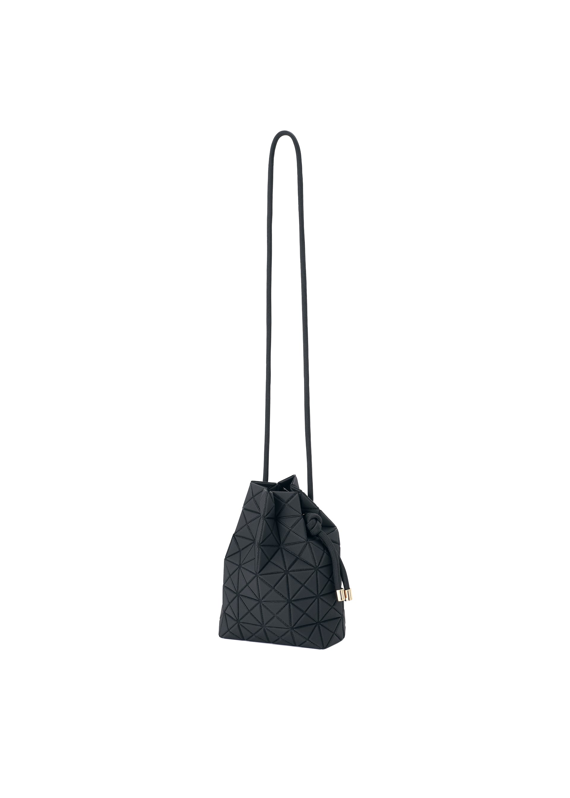 Zoomed view The WRING CLAY by BAO BAO ISSEY MIYAKE is a black crossbody bag featuring a geometric pattern, a long strap, and a bow detail on the side. Crafted from nubuck-like material, it is displayed against a white background.