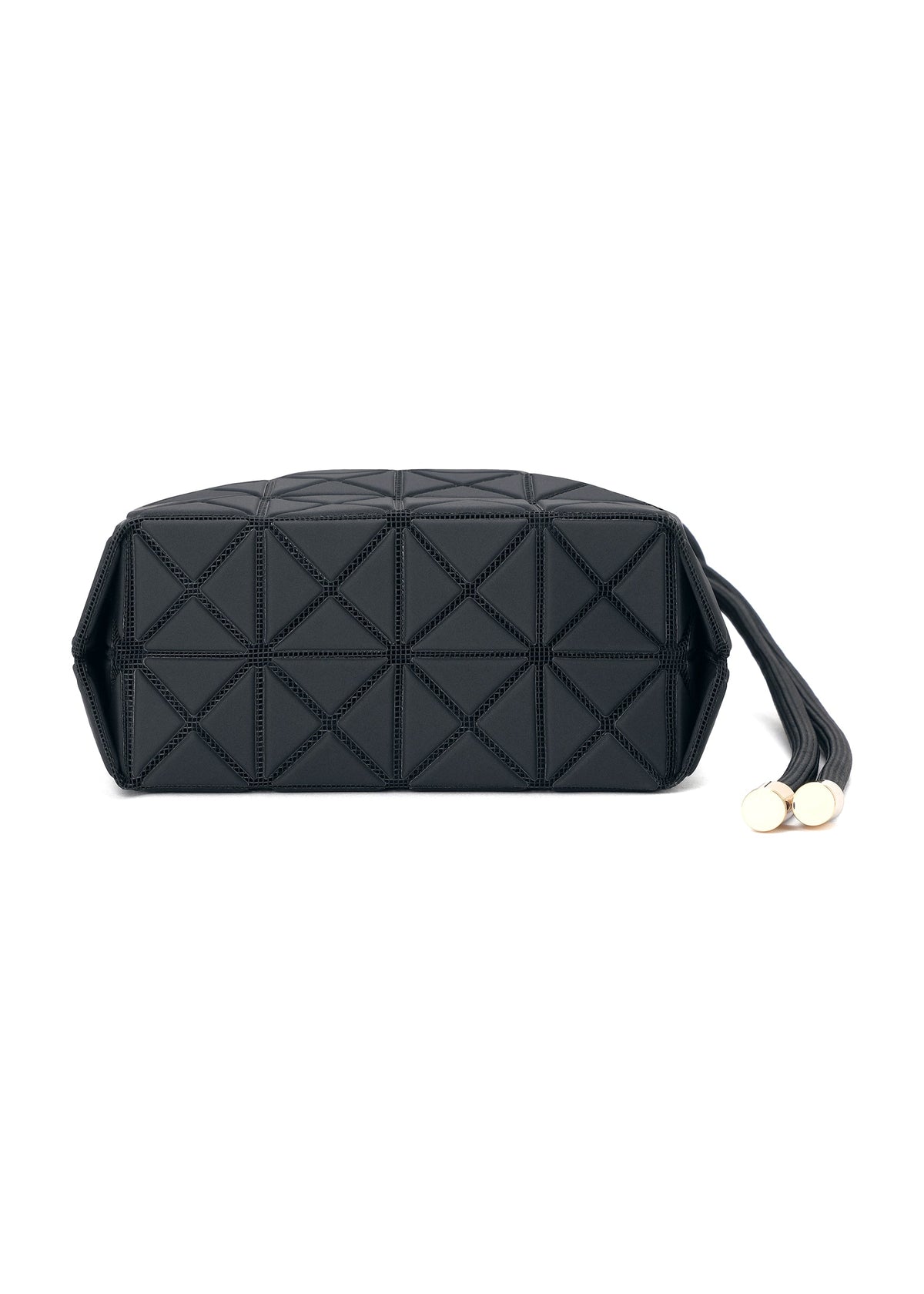 Introducing the WRING CLAY clutch bag by BAO BAO ISSEY MIYAKE—a black accessory featuring a distinctive geometric pattern, a textured nubuck-like surface, and finished with two gold cap accents on its leather tassel zipper pull. view 5 of 9