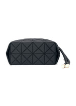 Introducing the WRING CLAY clutch bag by BAO BAO ISSEY MIYAKE—a black accessory featuring a distinctive geometric pattern, a textured nubuck-like surface, and finished with two gold cap accents on its leather tassel zipper pull.