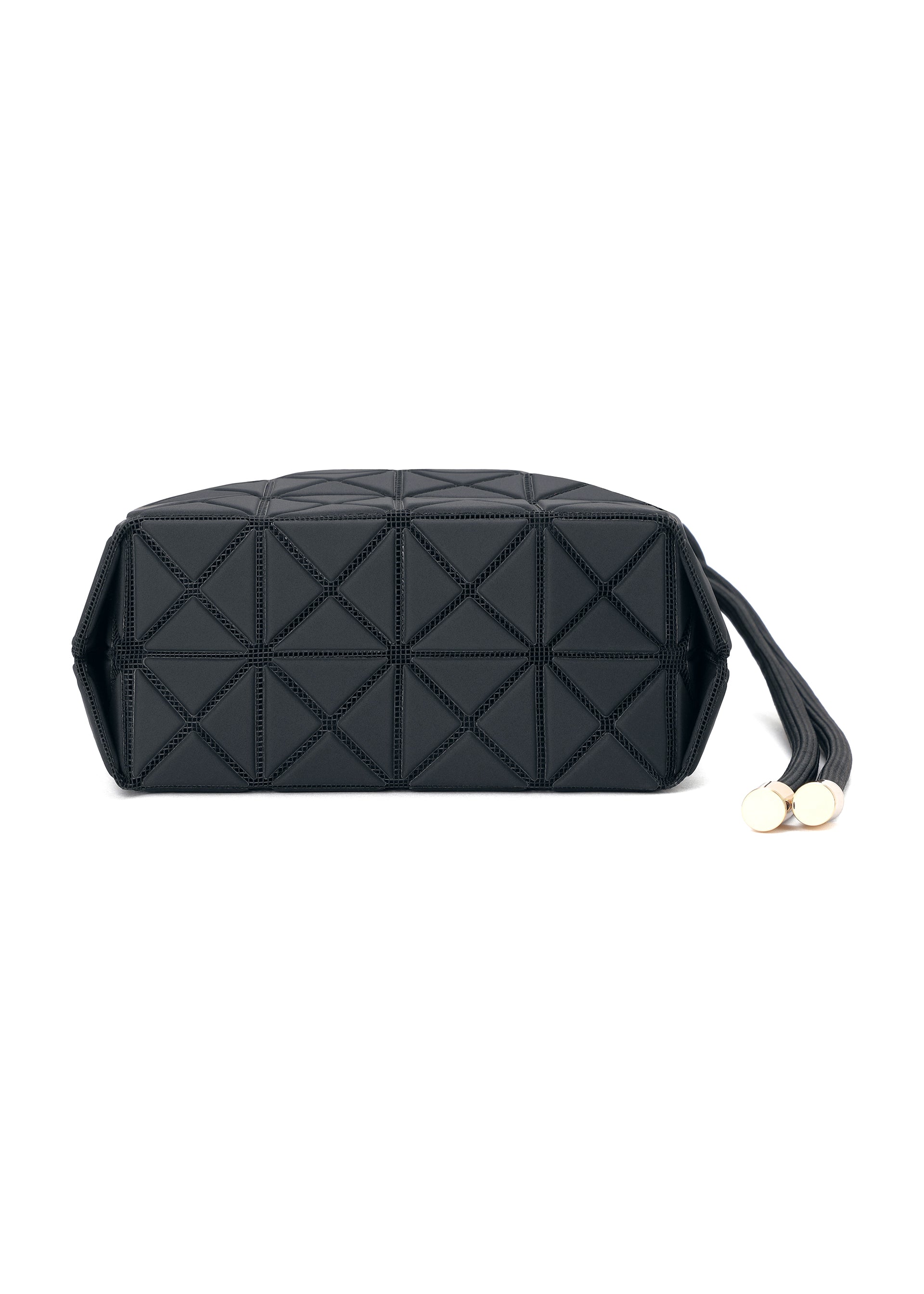 Zoomed view Introducing the WRING CLAY clutch bag by BAO BAO ISSEY MIYAKE—a black accessory featuring a distinctive geometric pattern, a textured nubuck-like surface, and finished with two gold cap accents on its leather tassel zipper pull.