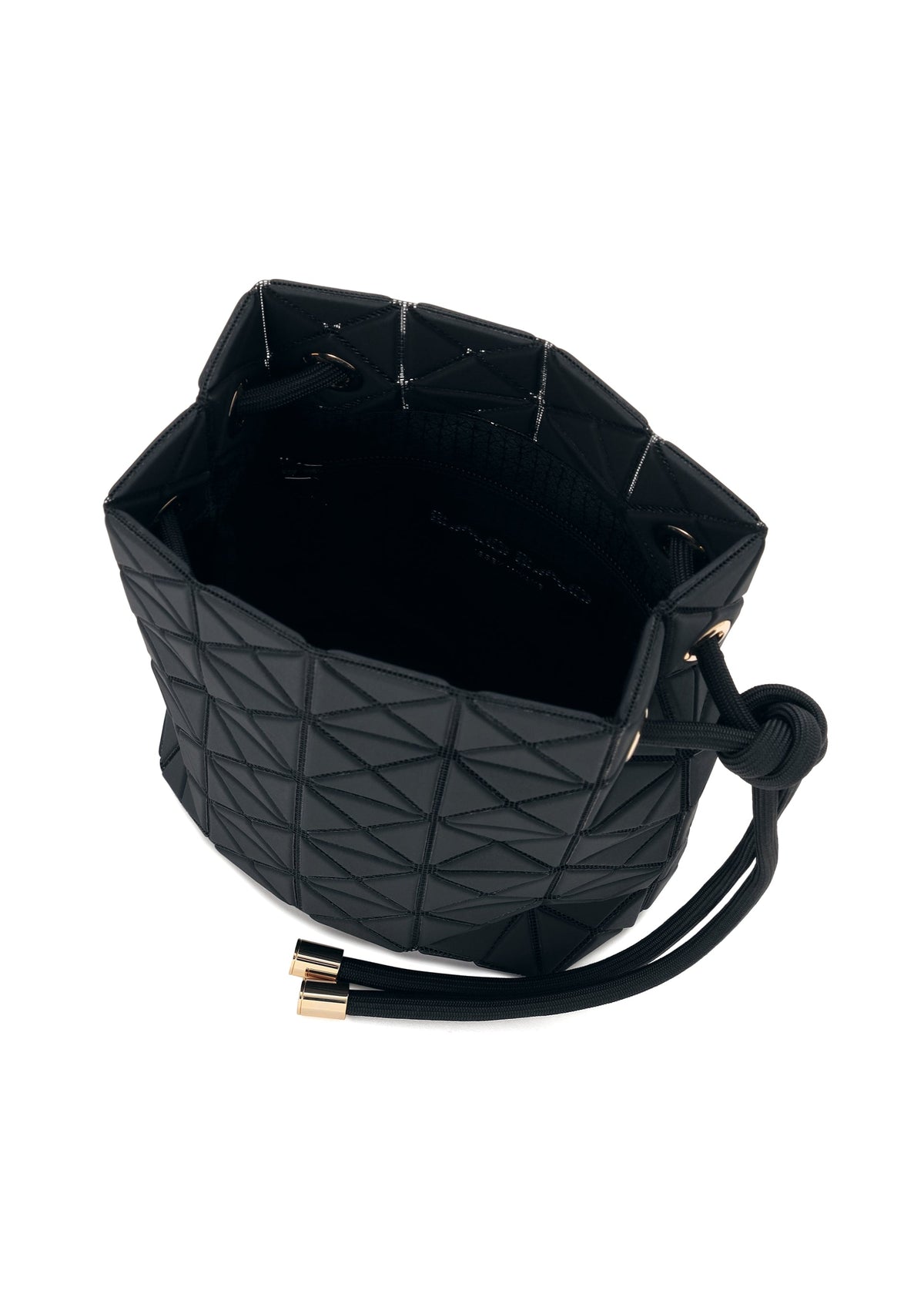 Introducing the WRING CLAY by BAO BAO ISSEY MIYAKE—a black bucket bag featuring a geometric pattern, gold-tone accents, and a drawstring closure. Crafted from nubuck-like material and shown open from above to highlight its spacious interior, this stylish design seamlessly transitions from a drawstring bag to a modern shoulder bag. view 7 of 9