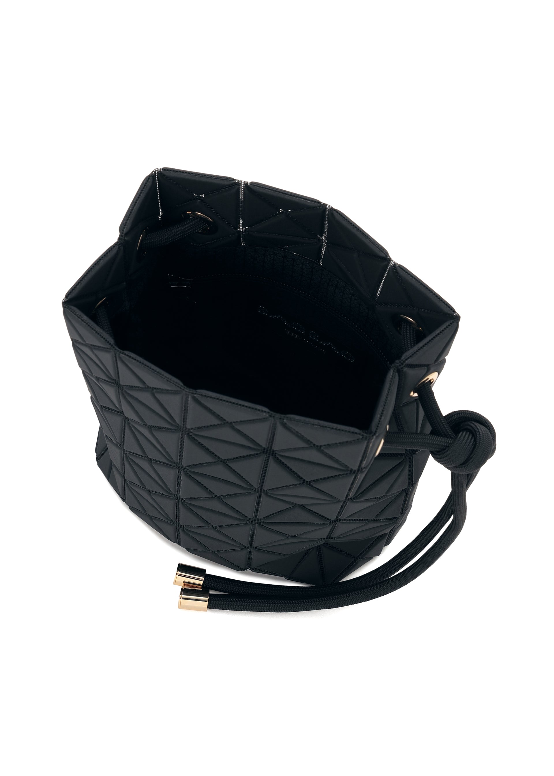 Zoomed view Introducing the WRING CLAY by BAO BAO ISSEY MIYAKE—a black bucket bag featuring a geometric pattern, gold-tone accents, and a drawstring closure. Crafted from nubuck-like material and shown open from above to highlight its spacious interior, this stylish design seamlessly transitions from a drawstring bag to a modern shoulder bag.