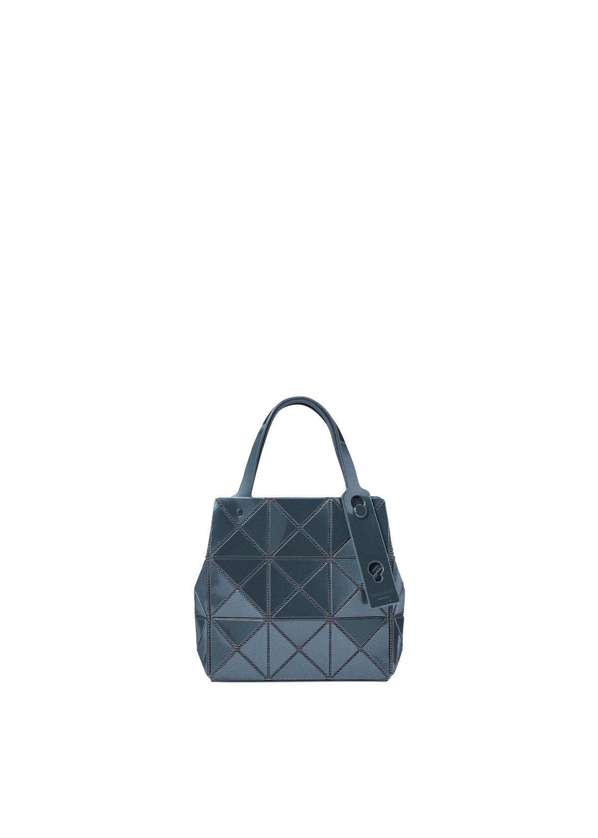 The CARAT handbag by BAO BAO ISSEY MIYAKE is a small, dark blue accessory with a geometric pattern, crafted from metallic material. It features two handles, a matching tag, and an inner pocket, and is displayed on a white background. view 2 of 9