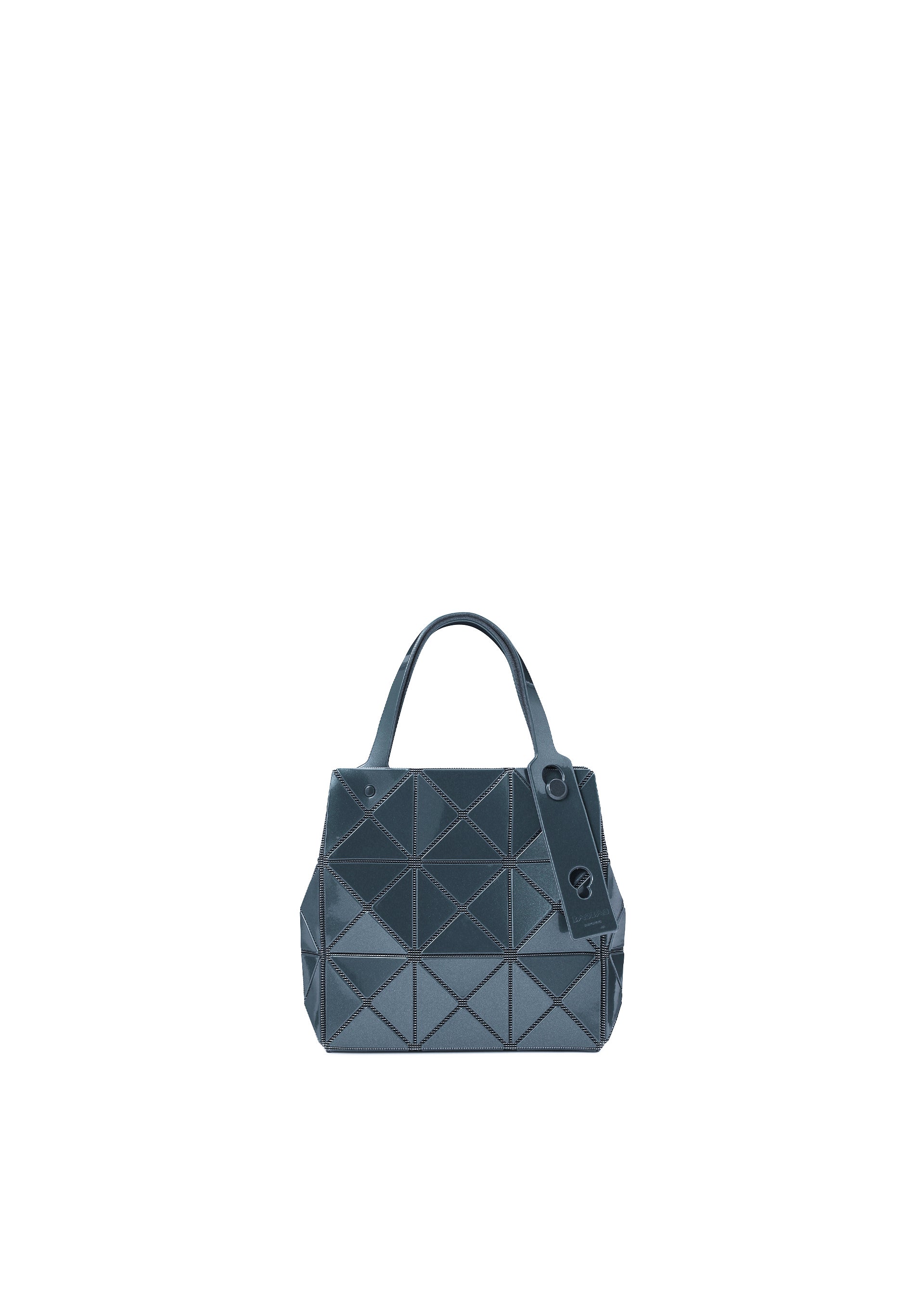 Zoomed view The CARAT handbag by BAO BAO ISSEY MIYAKE is a small, dark blue accessory with a geometric pattern, crafted from metallic material. It features two handles, a matching tag, and an inner pocket, and is displayed on a white background. - OBSIDIAN BLACK （no.19）