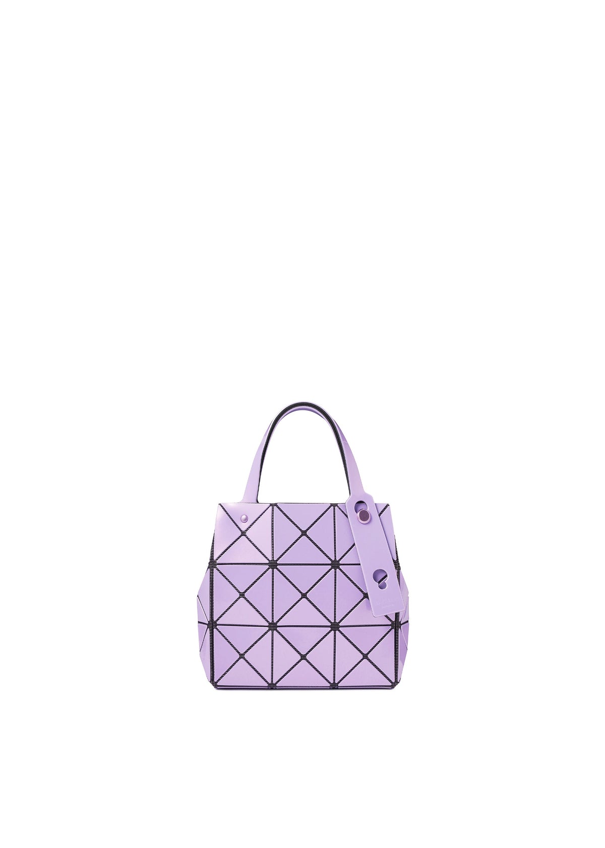The CARAT handbag by BAO BAO ISSEY MIYAKE is a small lavender accessory crafted from a subtle metallic material, showcasing signature geometric triangular patterns. It features two handles, a matching tag, and an inner pocket for added convenience—all presented against a plain white background. view 3 of 9