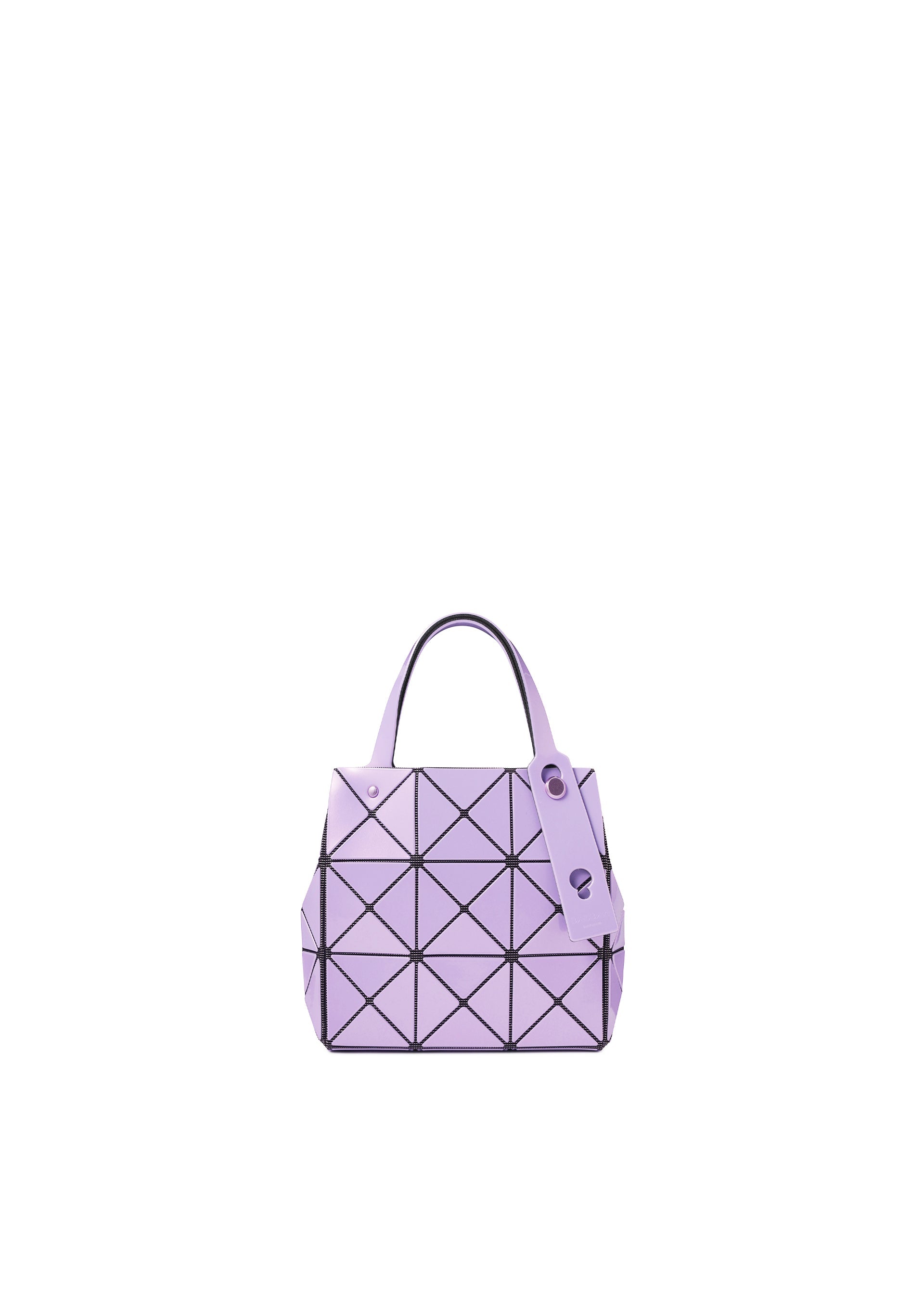 Zoomed view The CARAT handbag by BAO BAO ISSEY MIYAKE is a small lavender accessory crafted from a subtle metallic material, showcasing signature geometric triangular patterns. It features two handles, a matching tag, and an inner pocket for added convenience—all presented against a plain white background. - PINK AMETHYST （no.20）