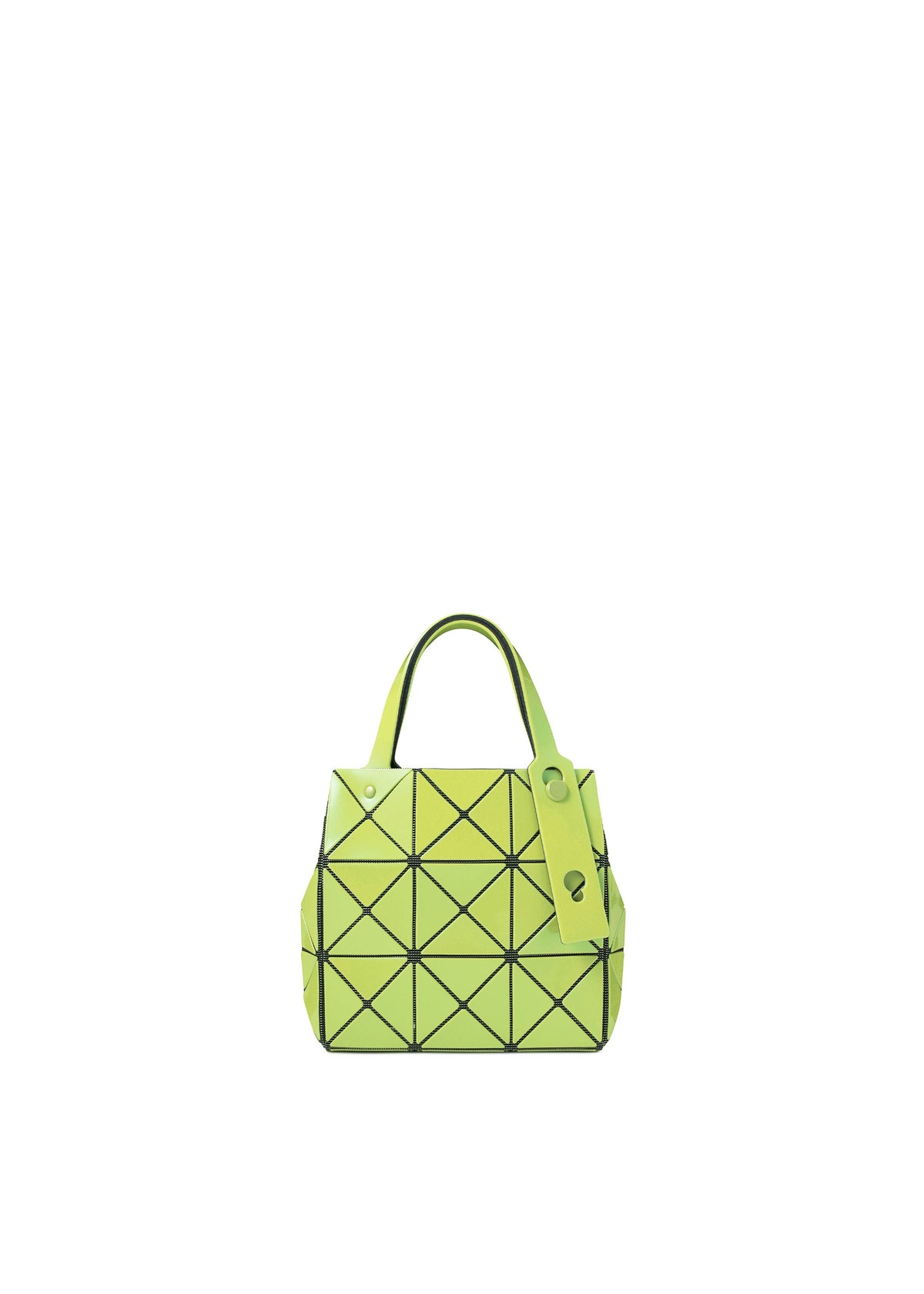 Centered on a plain white background is the CARAT handbag by BAO BAO ISSEY MIYAKE—a small, bright green geometric bag with black grid lines, expertly crafted from striking metallic material. It features two handles and a matching tag. view 4 of 9