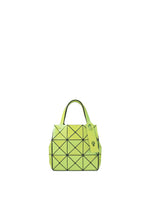 Centered on a plain white background is the CARAT handbag by BAO BAO ISSEY MIYAKE—a small, bright green geometric bag with black grid lines, expertly crafted from striking metallic material. It features two handles and a matching tag. - SPHENE YELLOW （no.55）