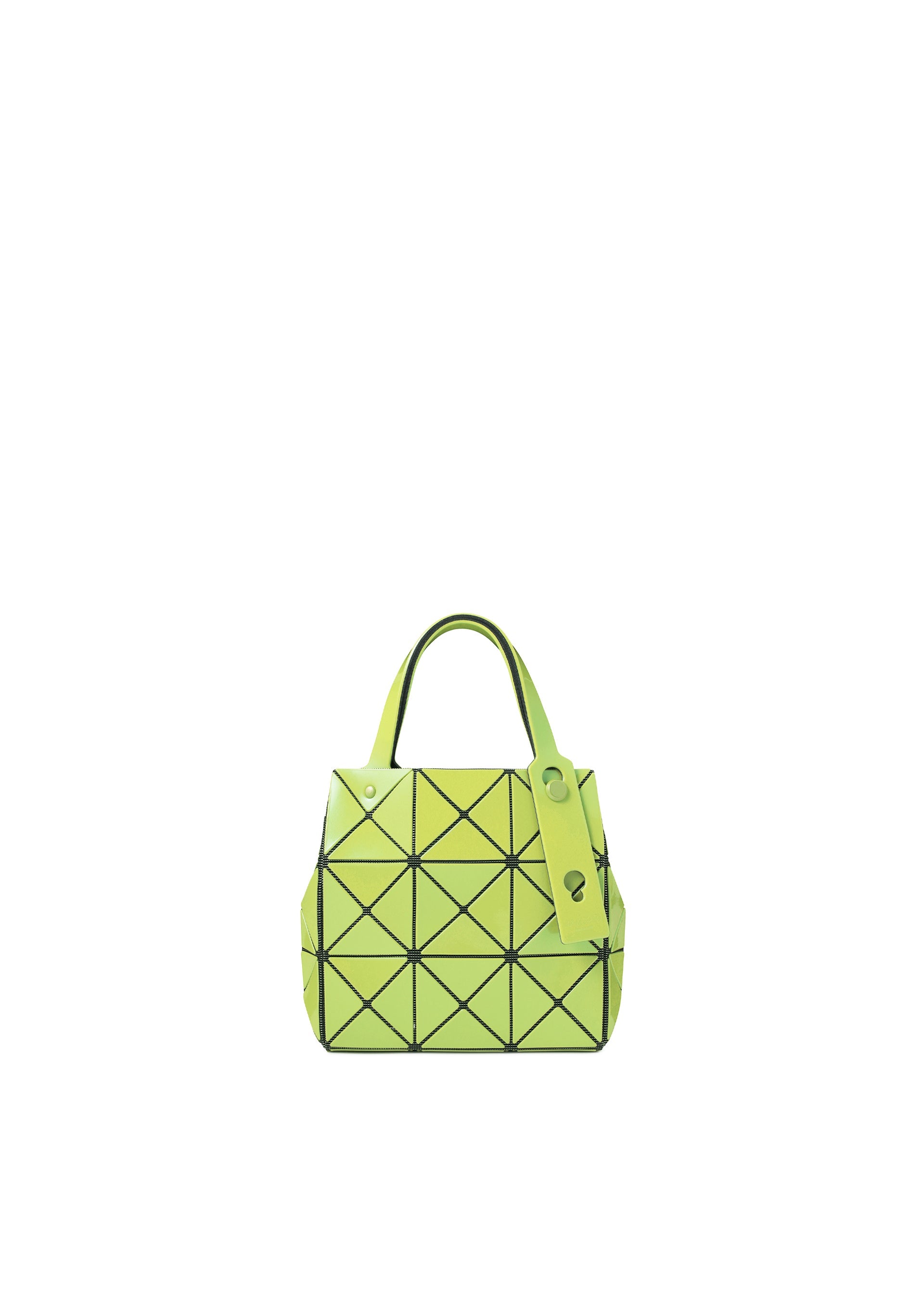 Zoomed view Centered on a plain white background is the CARAT handbag by BAO BAO ISSEY MIYAKE—a small, bright green geometric bag with black grid lines, expertly crafted from striking metallic material. It features two handles and a matching tag. - SPHENE YELLOW （no.55）