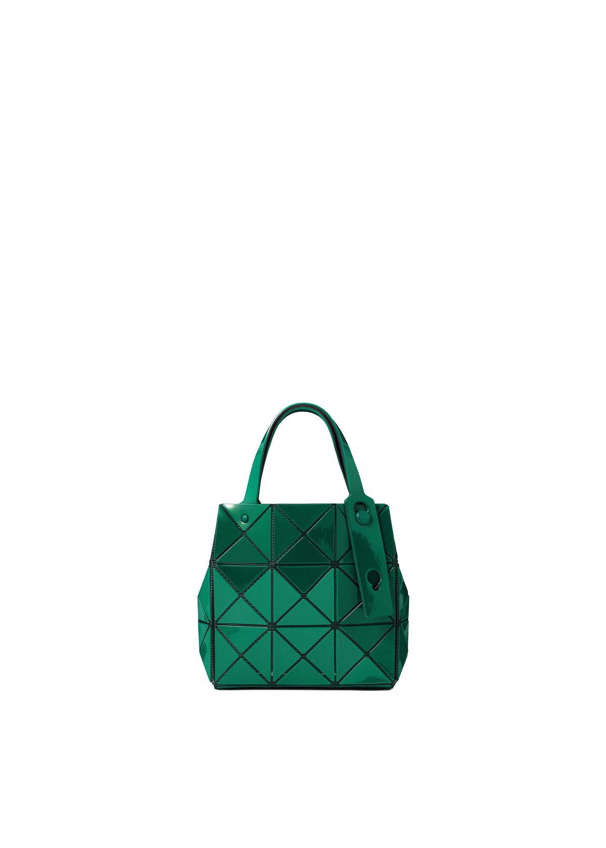 The CARAT handbag by BAO BAO ISSEY MIYAKE is a small, green geometric bag made from a metallic material featuring triangular patterned panels, two handles, and a matching green tag, presented against a plain white background. view 5 of 9