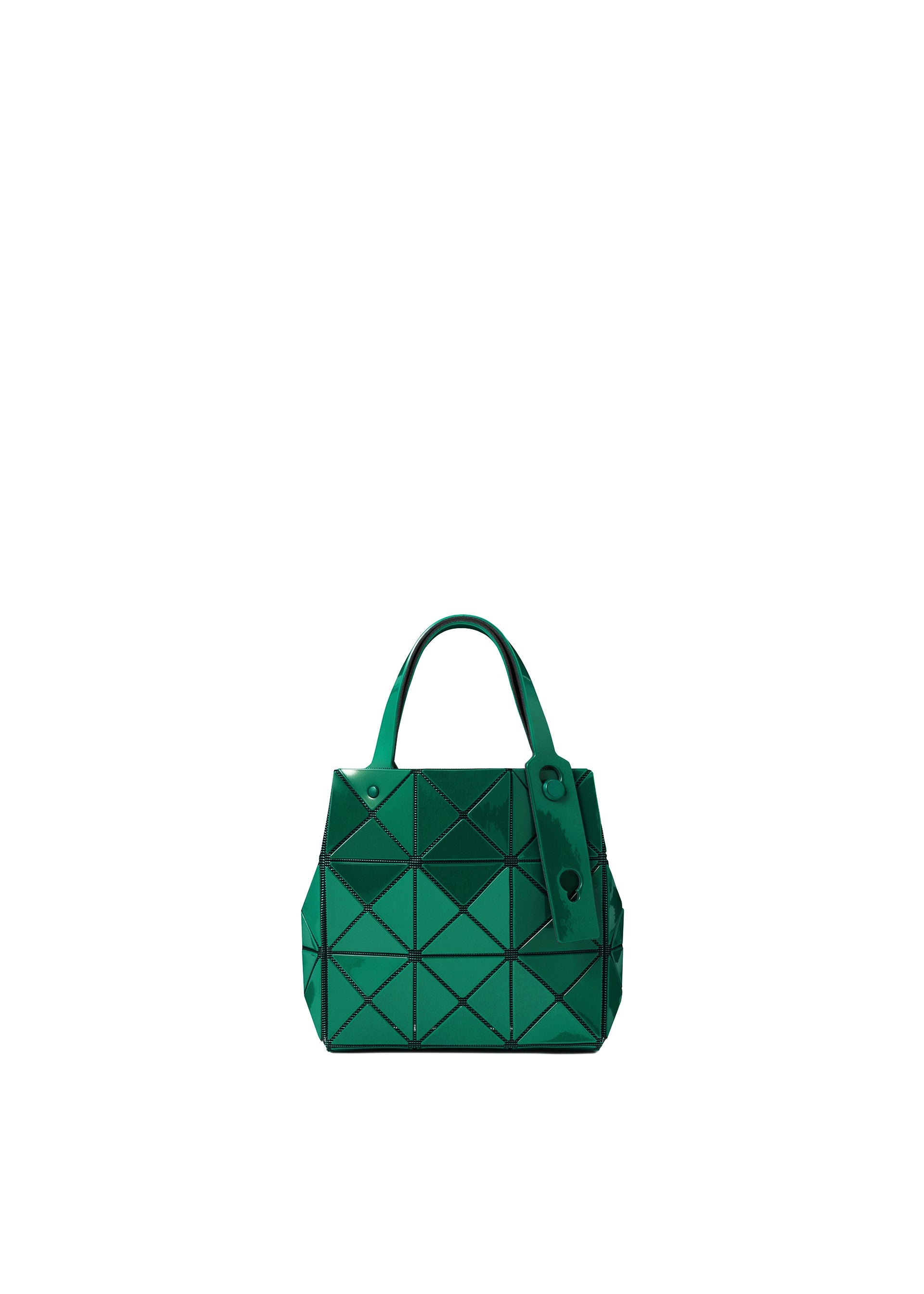 Zoomed view The CARAT handbag by BAO BAO ISSEY MIYAKE is a small, green geometric bag made from a metallic material featuring triangular patterned panels, two handles, and a matching green tag, presented against a plain white background. - MALACHITE GREEN （no.67）