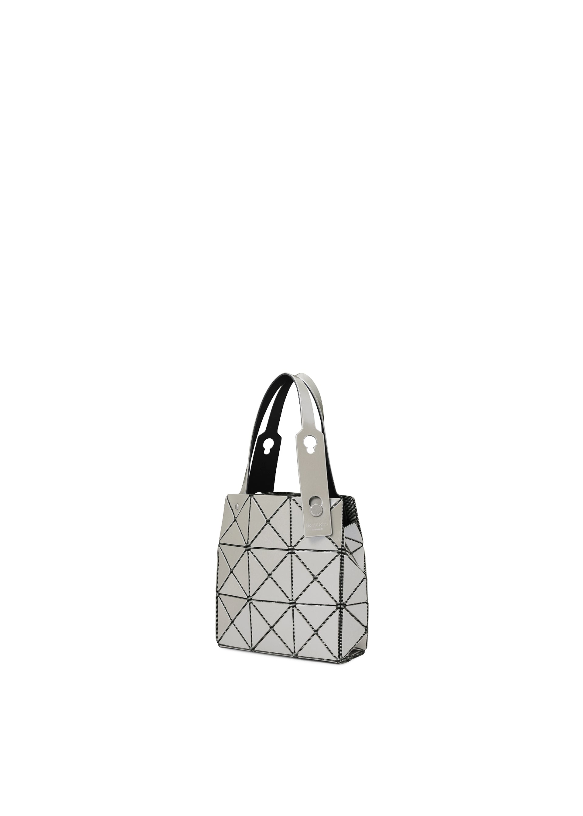 Zoomed view The CARAT handbag by BAO BAO ISSEY MIYAKE is a small, geometric silver and black accessory made from metallic material, featuring two handles and a grid of triangular patterns that showcase its modern, minimalist design. It is displayed against a plain white background.