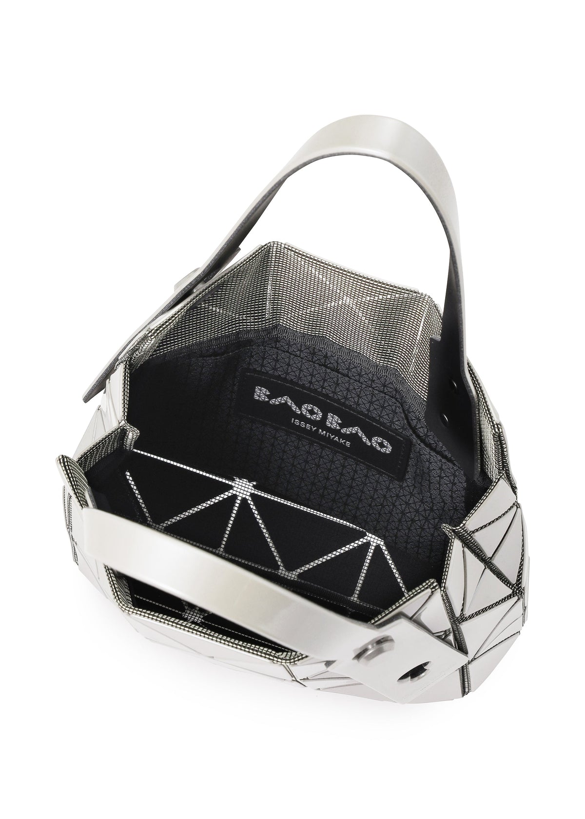 Open CARAT silver geometric handbag with black interior, showcasing the BAO BAO ISSEY MIYAKE logo label inside. Crafted from striking metallic material, this bag features a modern, angular design with a single wide handle and includes an inner pocket for added convenience. view 8 of 9