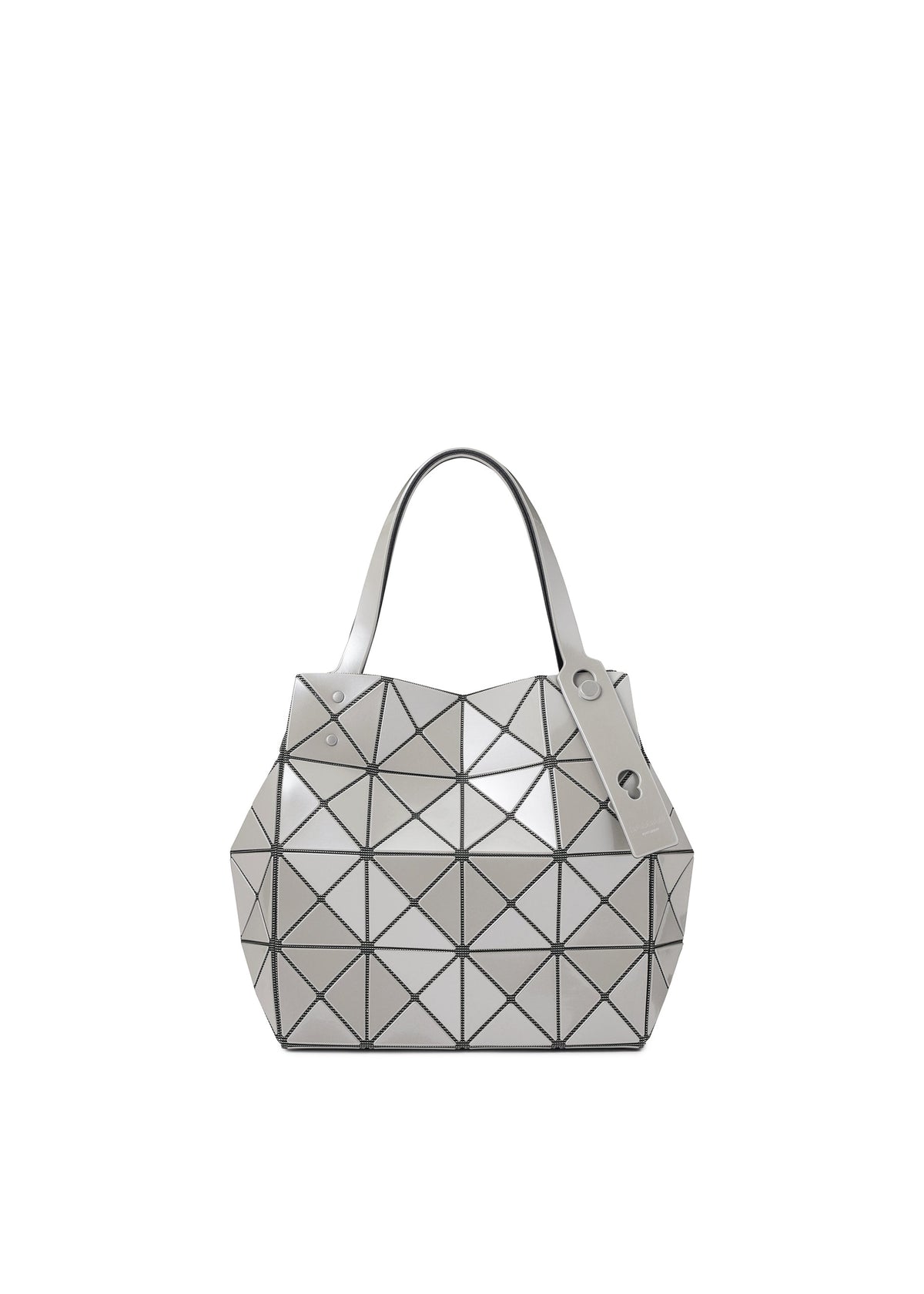 Introducing the CARAT tote bag by BAO BAO ISSEY MIYAKE—a striking silver handbag showcasing a geometric triangular pattern, dual handles, and a sleek, modern reflective finish. This standout metallic accessory includes a zippered pocket for added convenience and is photographed against a plain white background. view 1 of 9